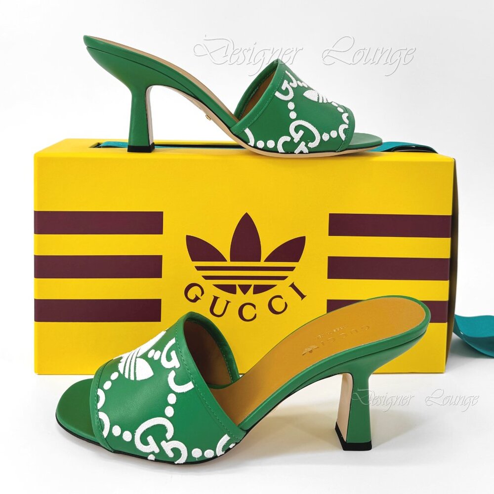 NEW GUCCI x ADIDAS GG Trefoil Logo Green Leather Heel Sandal Pump EU 39.5 US 9.5 - Picture 11 of 11